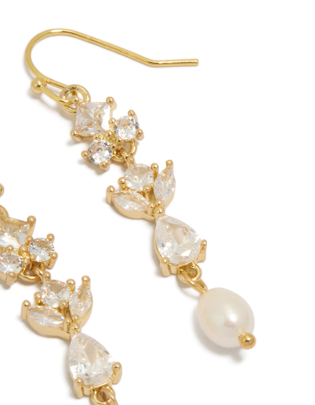 Elegant gold plated cubic zirconia and freshwater pearl vine hook drop earrings post detail view