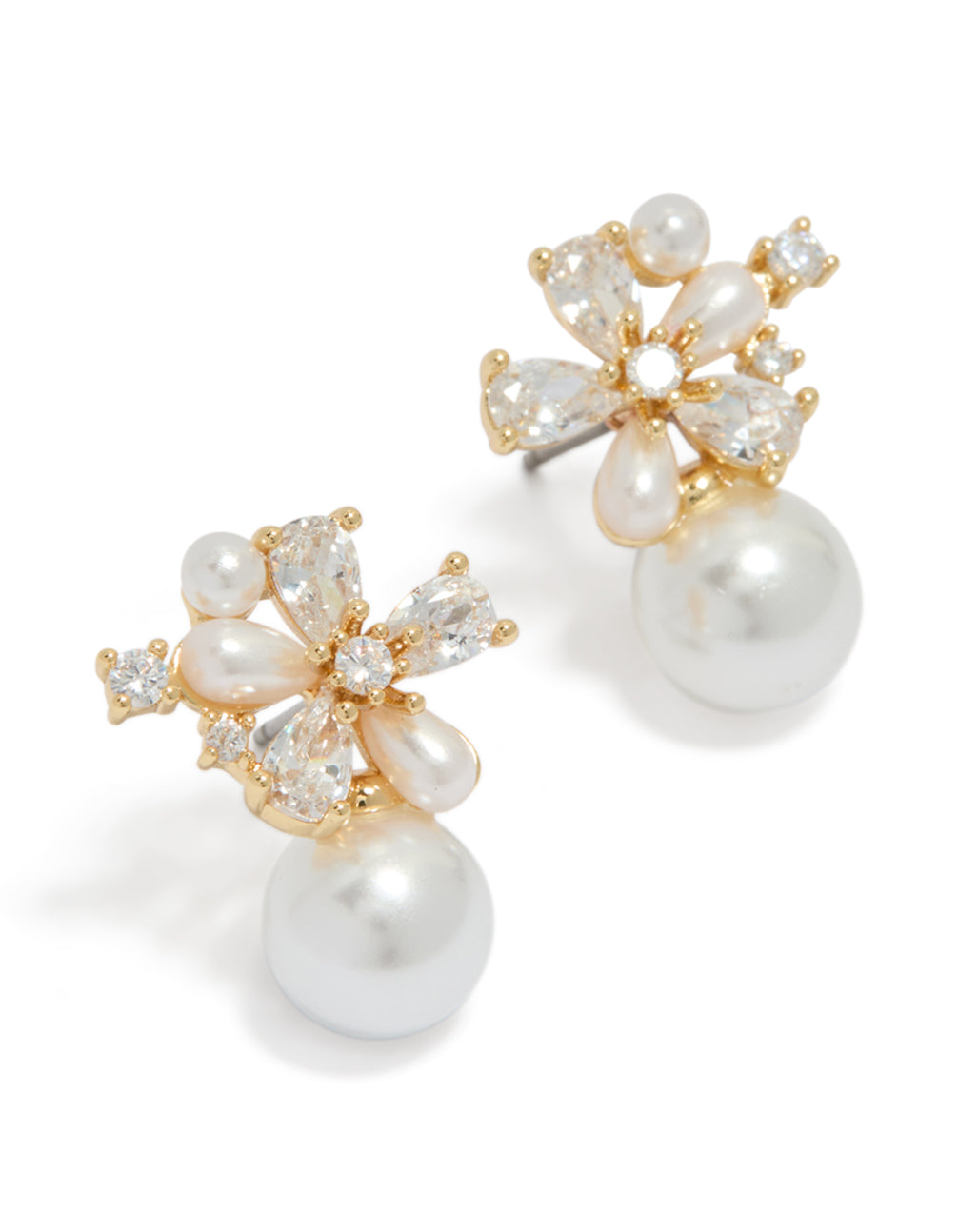 Showcasing gold plated cubic zirconia flower pearl drop stud earrings in white and ivory front view