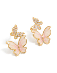 Gold Plated Small Pink  Enamel & Cubic Zirconia Butterfly Earrings - link has visual effect only