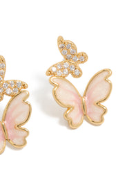 Gold Plated Small Pink  Enamel & Cubic Zirconia Butterfly Earrings - link has visual effect only