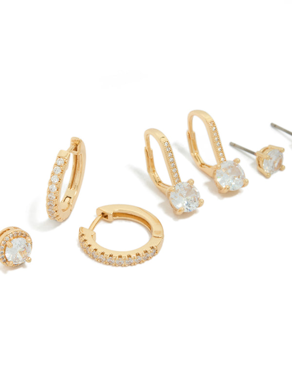 Gold Plated Cubic Zirconia Mixed Stud & Huggie Earrings 4-Pack