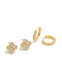 Gold Plated Cubic Zirconia Flower & Huggie Earrings 2-Pack - link has visual effect only