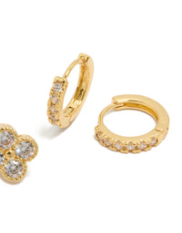 Gold Plated Cubic Zirconia Flower & Huggie Earrings 2-Pack - link has visual effect only