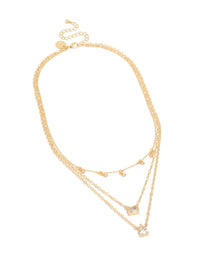Gold Plated Cubic Zirconia Multi Shape Triple Layered Necklace - link has visual effect only