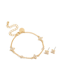Gold Plated Cubic Zirconia Flower Earrings & Bracelet Set - link has visual effect only