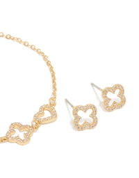 Gold Plated Cubic Zirconia Flower & Heart Outline Bracelet & Earrings Set - link has visual effect only
