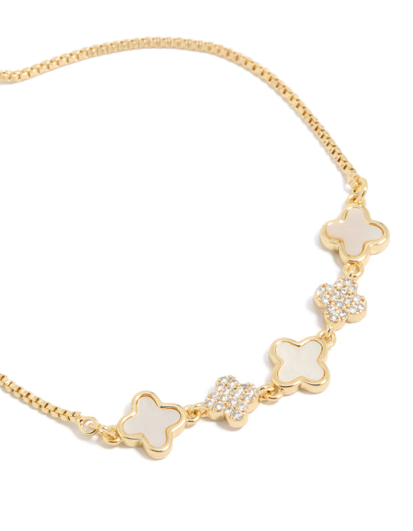 Gold Plated Cubic Zirconia & Plain Flowers Inlay Toggle Bracelet