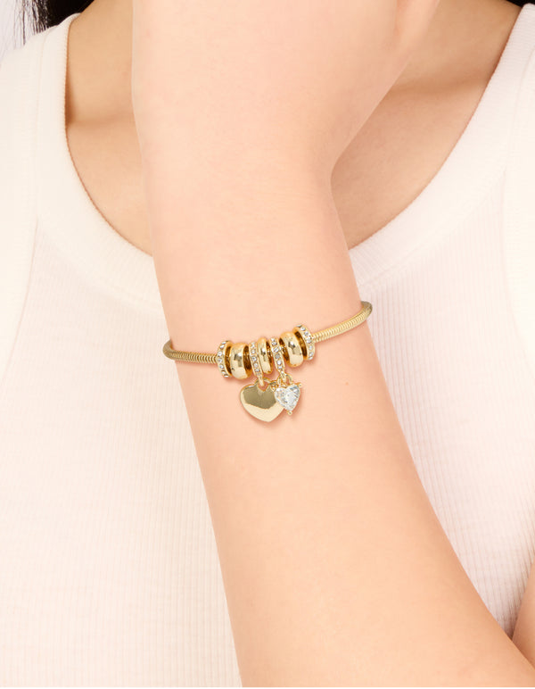 Gold Plated Cubic Zirconia Chunky Heart Charm Toggle Bracelet