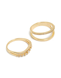 Showcasing gold plated cubic zirconia wavy pavé rings in a 3-pack with statement styling close up view - link has visual effect only