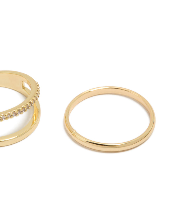 Crafted from gold plated cubic zirconia wavy pavé rings in a 3-pack with statement styling side detail view