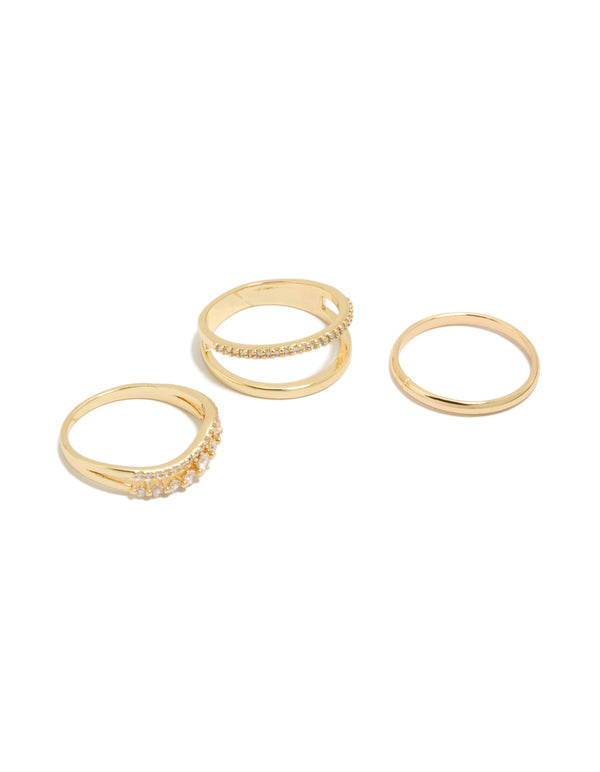 Featuring gold plated cubic zirconia wavy pavé rings in a 3-pack with statement styling front view