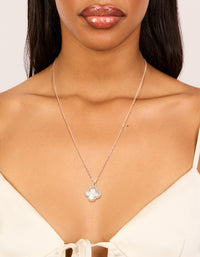 Beautiful floral pendant necklace with diamante and pink outline, crafted from rose gold plated material featuring cubic zirconia on neck view - link has visual effect only