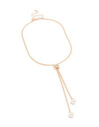 This rose gold plated pearl twist chain adjustable Y-necklace with statement accents front view - link has visual effect only