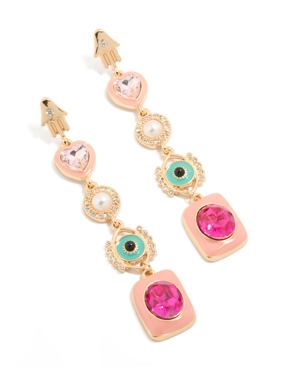 Showcasing statement drop earrings in gold enamel featuring celestial hamsa hand, charm heart, pearl accents, turquoise evil eye, and fuchsia gemstone detailing front view