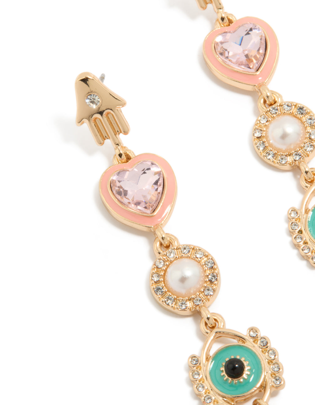 Highlighting gold enamel celestial drop earrings with statement charm, hamsa hand, pearl surrounded by crystals, and evil eye detail close up view