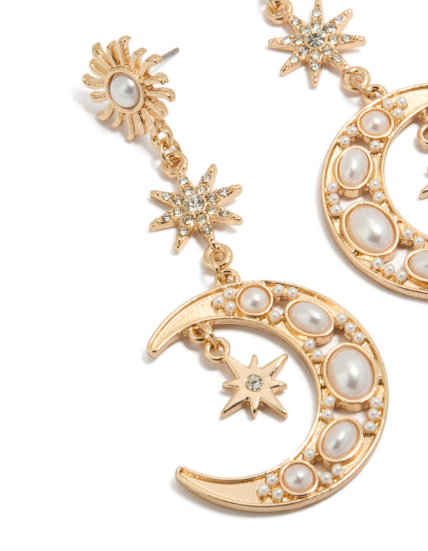 Gold Pearl Celestial Drop Earrings