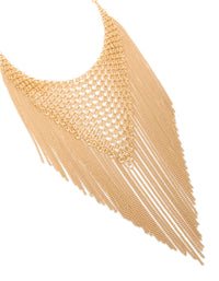 Showcasing a gold mesh bib tassel necklace with statement design close up view - link has visual effect only