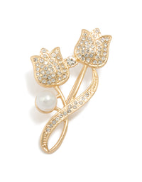 Gold Diamante Tulip Flower & Pearl Brooch - link has visual effect only