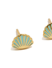 Showcasing gold plated sterling silver blue enamel clam shell earrings with charm ocean details and stud closure in turquoise close up view - link has visual effect only