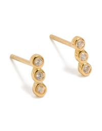 Showcasing gold plated sterling silver cubic zirconia bezel trio drop stud earrings with clear accents front view - link has visual effect only