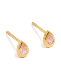 Beautifully crafted gold plated sterling silver cubic zirconia teardrop stud earrings featuring light pink stones front view - link has visual effect only
