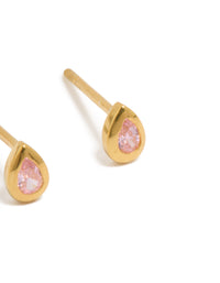 Elegantly designed gold plated sterling silver cubic zirconia teardrop stud earrings in light pink post detail view - link has visual effect only
