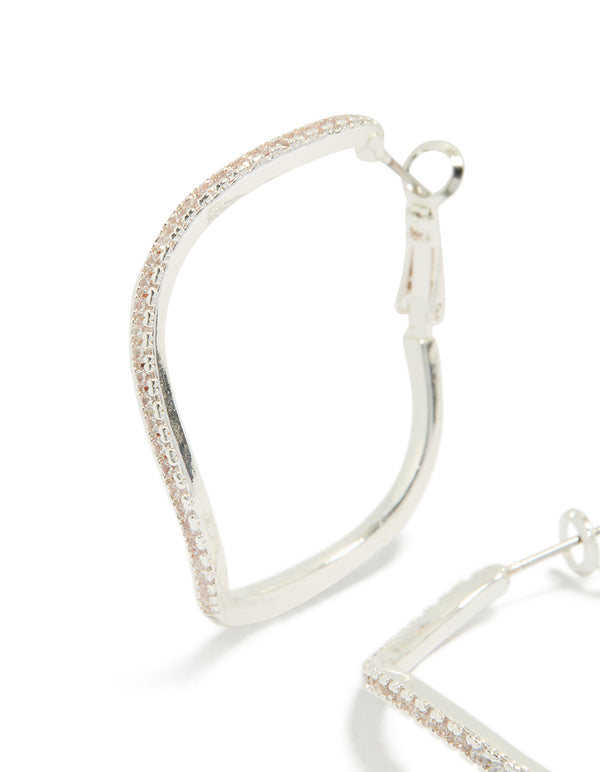 Silver Diamante Wavy Thin Hoop Earrings