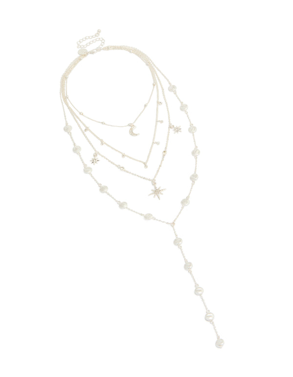 Silver Diamante Celestial Multi Pearl  Layered Y-Necklace