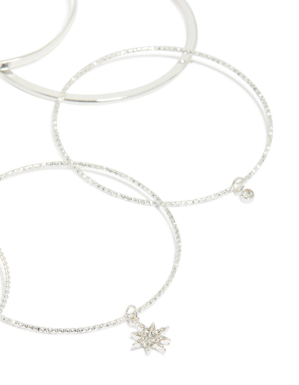 Silver Diamante Moon & Star Bangles 7-Pack