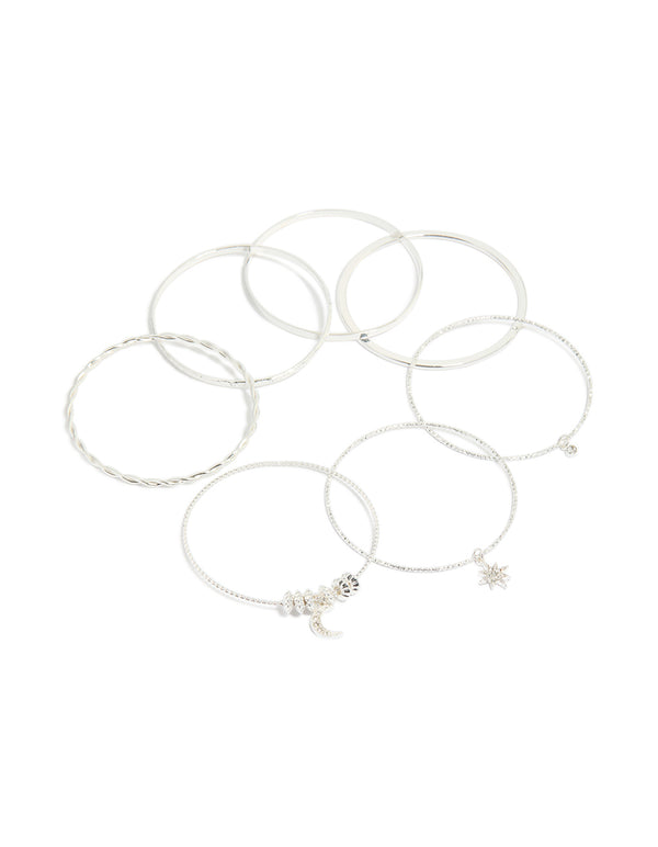 Silver Diamante Moon & Star Bangles 7-Pack