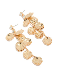 Showcasing gold diamante and molten textured petal drop earrings with floral design in statement style front view - link has visual effect only