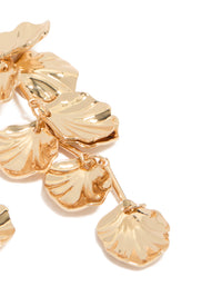 Crafted from gold with diamante and molten textured petal drop earrings featuring floral design in statement style detail view - link has visual effect only
