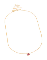 Showcasing a ruby July flower necklace with floral pendant in gold plated dainty design front view - link has visual effect only