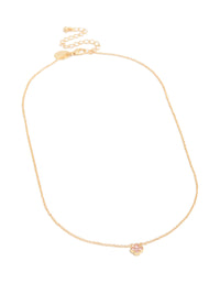 Showcasing gold plated rose October flower necklace with floral and cubic zirconia in dainty style front view - link has visual effect only