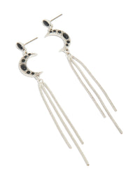 Showcasing dainty silver drop earrings featuring celestial moon with black gemstone accents and tassel chain detailing front view - link has visual effect only