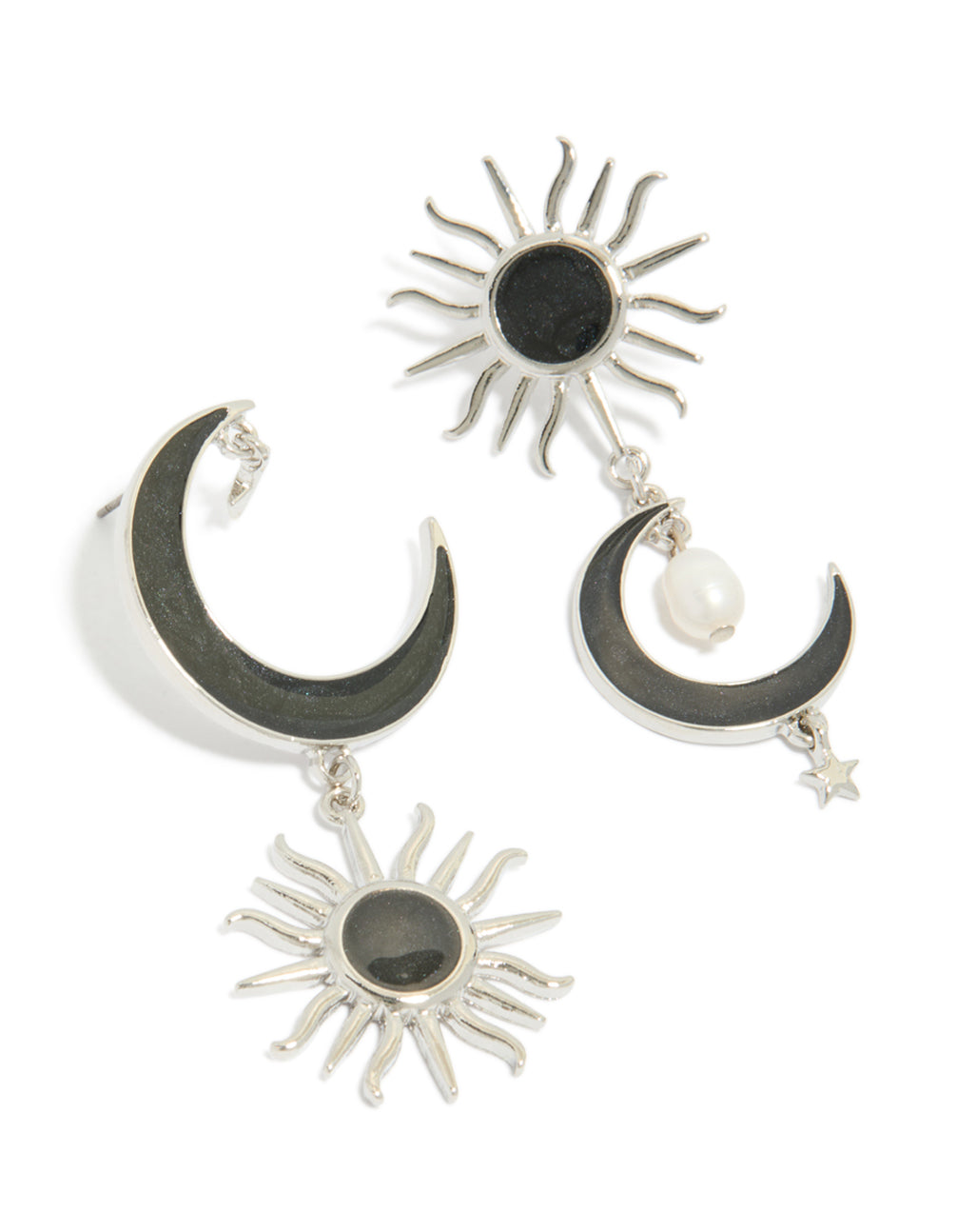 Showcasing statement silver black drop earrings featuring moon and sun celestial design with pearl accents front view