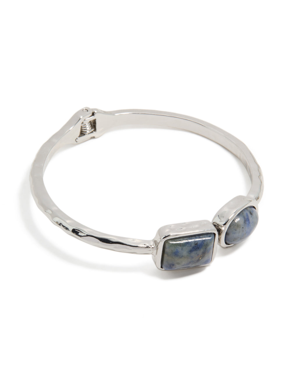 Showcasing a silver double blue stone bangle front view