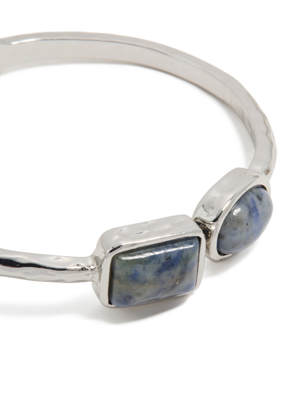 Featuring a silver double blue stone bangle close up view