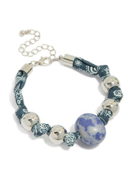 Silver Beaded Blue Paisley Printed Fabric & Blue Stone Bracelet - link has visual effect only