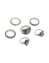 Showcasing an antique silver blue stone boho swirl stacking rings 6-pack with statement design front view - link has visual effect only