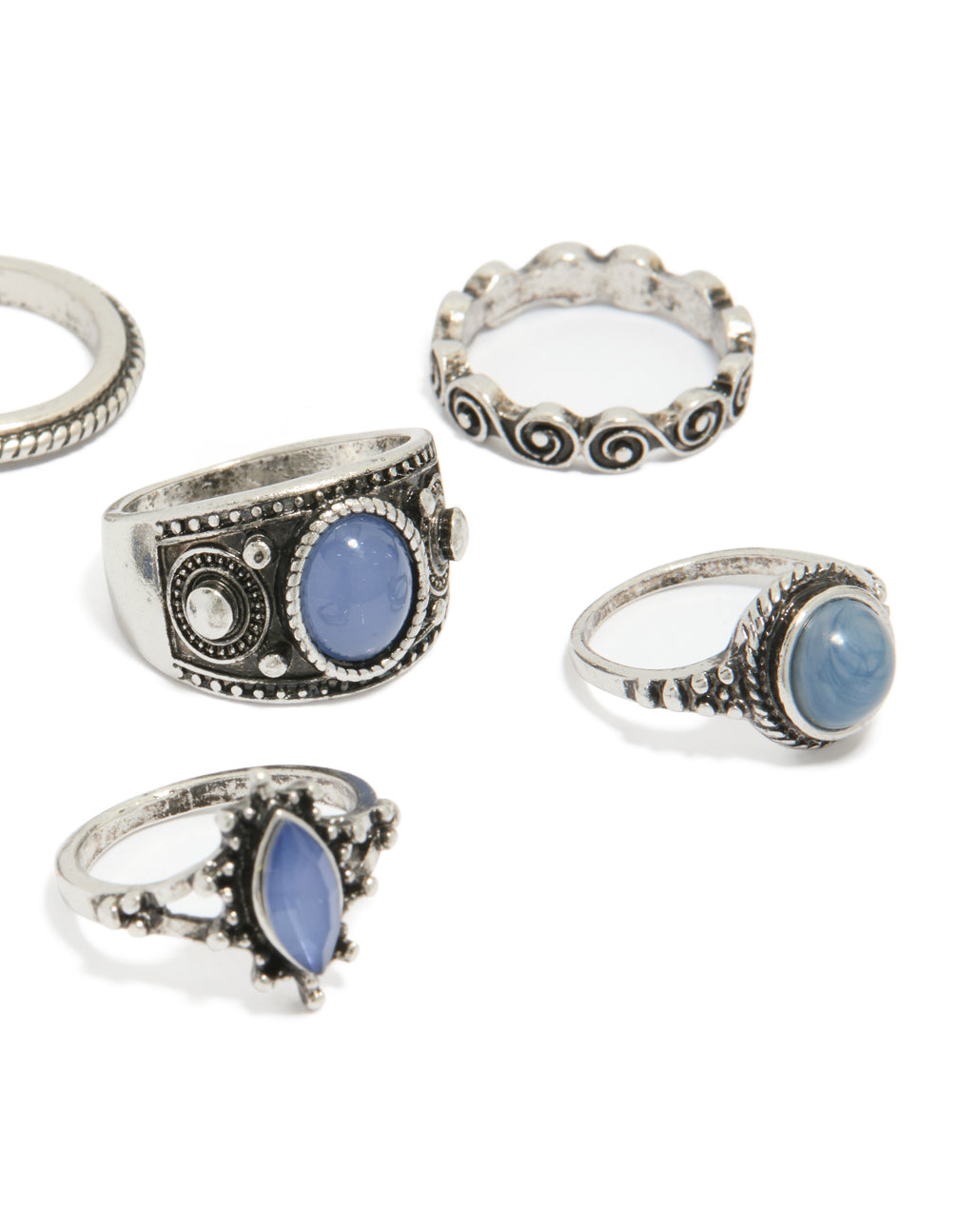 Featuring antique silver blue stone boho swirl stacking rings 6-pack in statement style close up view