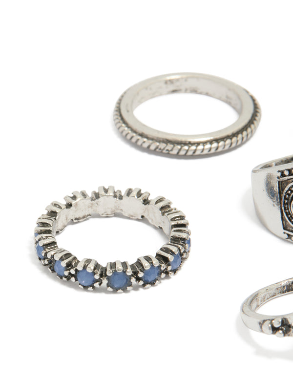 Crafted from antique silver blue stone boho swirl stacking rings 6-pack with statement design side detail view