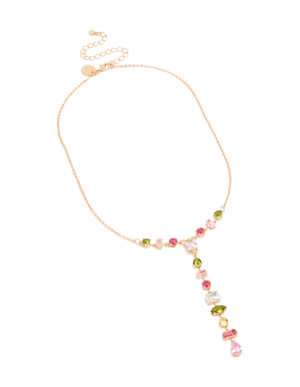 Gold Cubic Zirconia Mismatched Colourful Stones Necklace