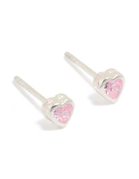 Showcasing sterling silver pink cubic zirconia heart earrings front view - link has visual effect only