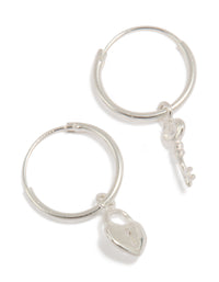Introducing statement hoop earrings in sterling silver with heart and key featuring padlock detail front view - link has visual effect only