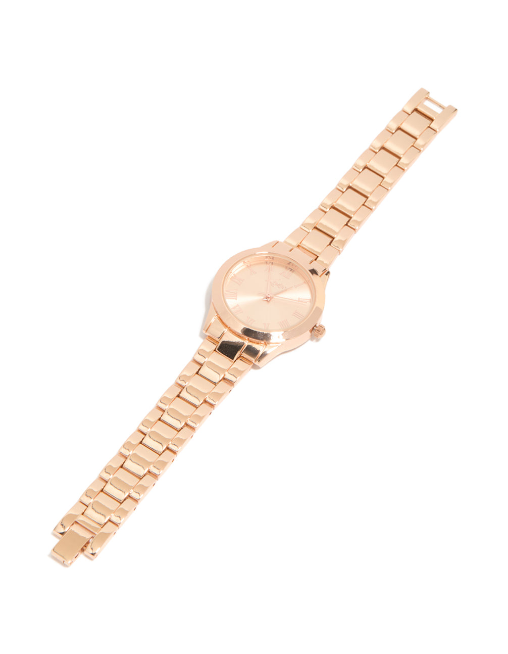Elegant rose gold classic round roman numeral watch featuring numbers, pink dial, women's link band, formal occasion, analog timepiece front view