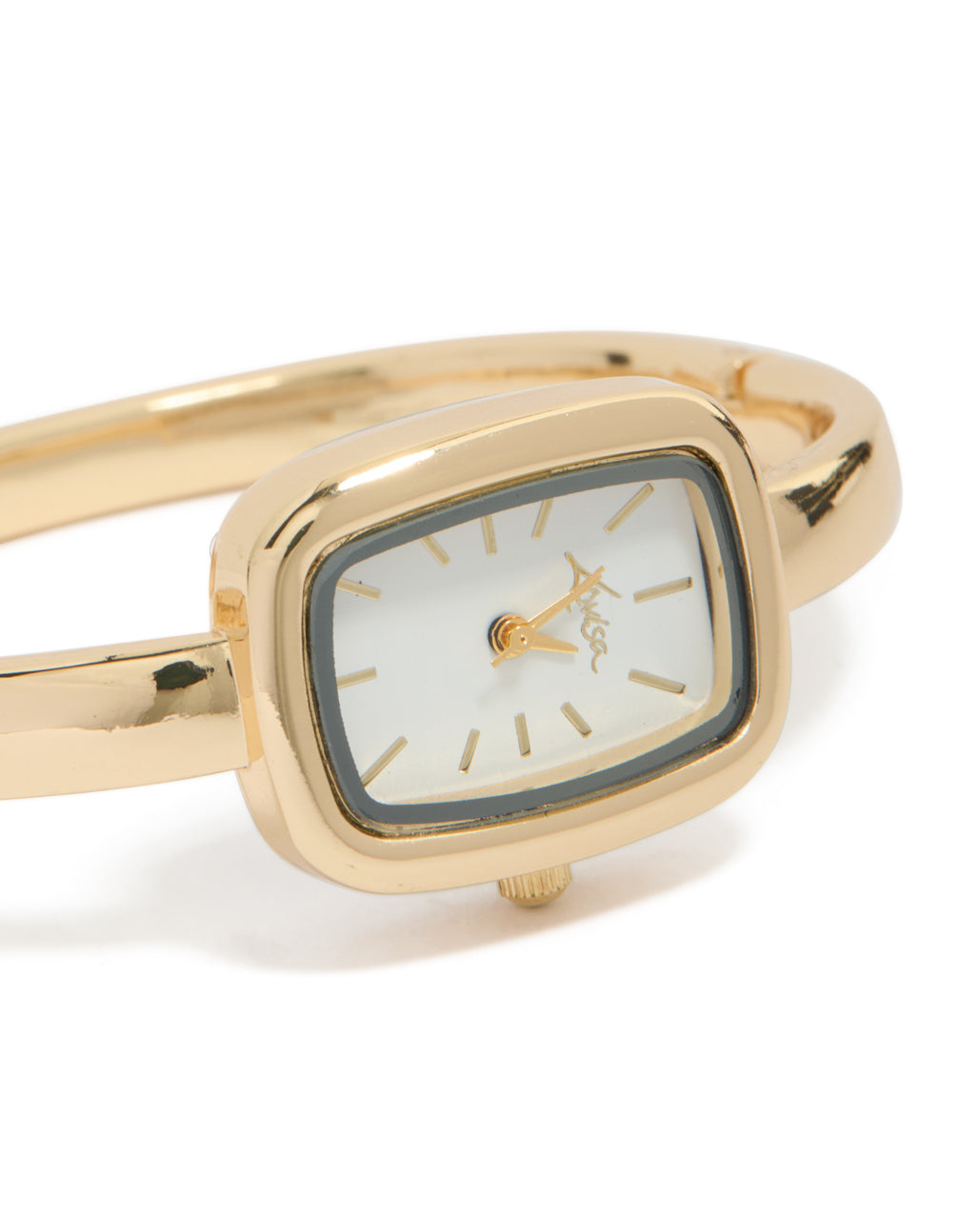 Showcasing a women's analog bangle watch with white dial and rectangle shape, featuring a link-band in gold strap color for formal occasion wear, watch face detail view
