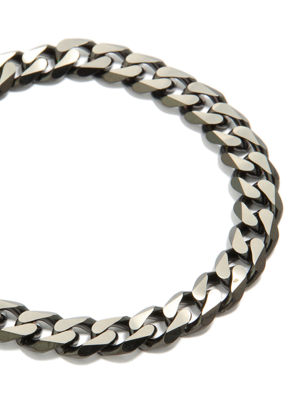 Crafted from stainless steel this mens waterproof black link chain bracelet in silver close up view
