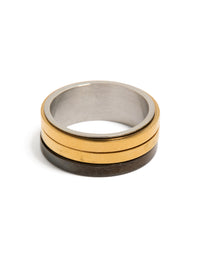 Showcasing a mens waterproof gold plated and black coated stainless steel band ring with layered bands in silver front view - link has visual effect only