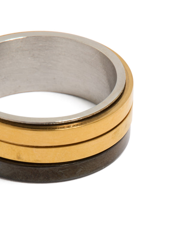 Highlighting a mens waterproof band ring crafted from gold plated and black coated stainless steel in silver tones close up view